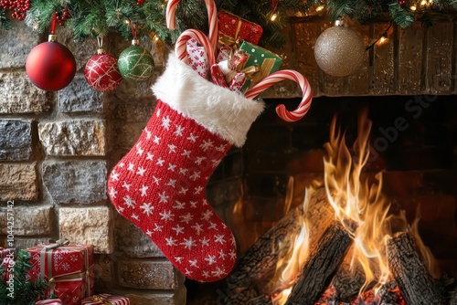 A Christmas stocking overflowing with candy canes, small gifts, and festive ornaments hanging by the fireplace photo