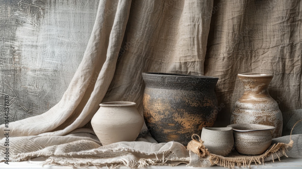 Soft Linen Fabric Draped Background with Ceramics Soft Linen Fabric Draped Background with Ceramics