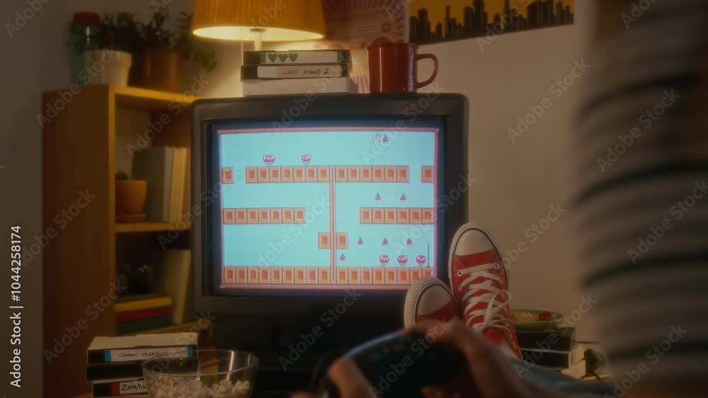 Back view of unrecognizable millennial girl playing arcade platform video game on tube TV using retro console at home, carefree and nostalgic 1990s Back view of unrecognizable millennial girl playing arcade platform video game on tube TV using retro console at home, carefree and nostalgic 1990s