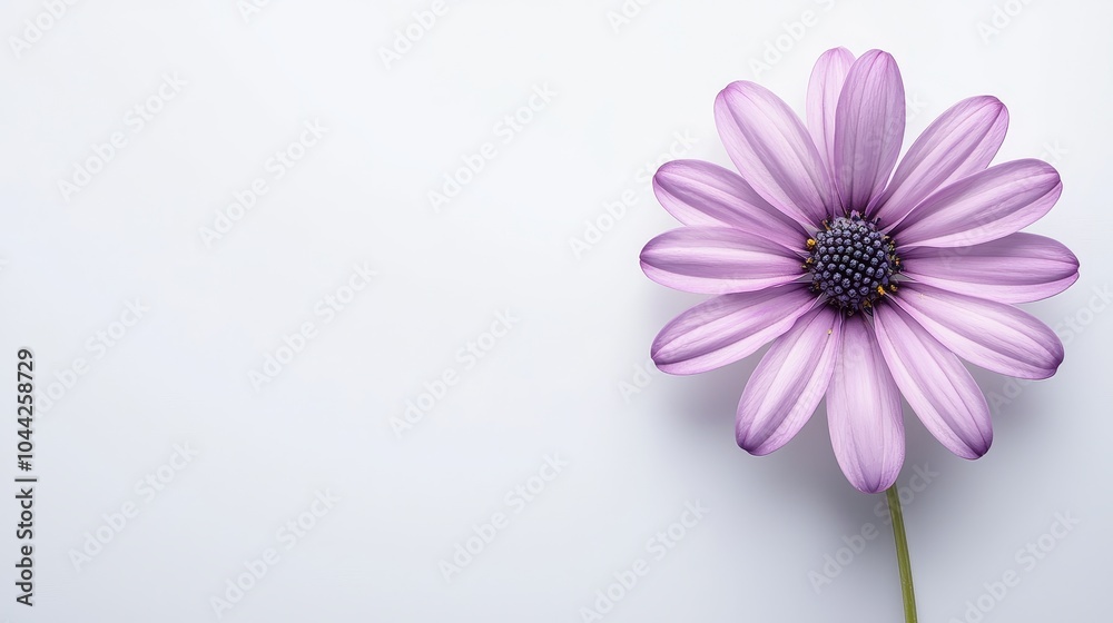 Elegant osteospermum daisy with bright purple petals and a dark center, floating on a clean white background, minimalist floral beauty with soft shadows Elegant osteospermum daisy with bright purple petals and a dark center, floating on a clean white background, minimalist floral beauty with soft shadows
