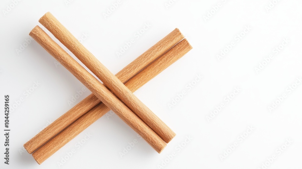 Two vegetarian cinnamon sticks in a simple, minimalist composition, brown tones contrasting sharply with the white background, organic and clean Two vegetarian cinnamon sticks in a simple, minimalist composition, brown tones contrasting sharply with the white background, organic and clean