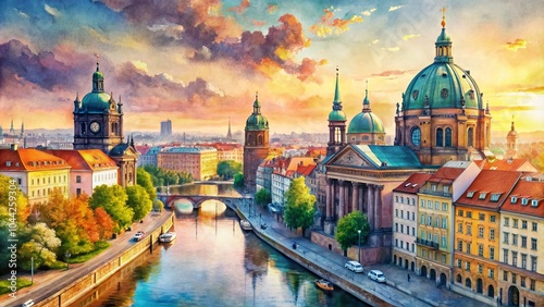 Watercolor Cityscape of Old Town Berlin with Majestic Church - Beautiful Urban Landscape