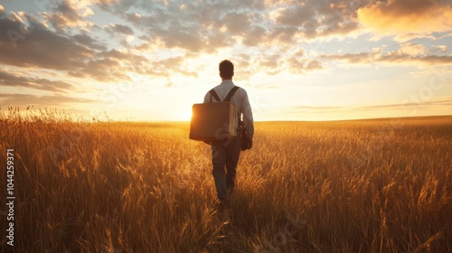 Missionary Man With Suitcase Walks Through Golden Field at Sunset to Share the Word of God. Generative AI