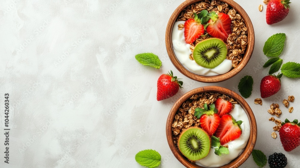Healthy Breakfast of Natural Yogurt Topped With Granola, Kiwi, and Strawberries in Wooden Bowls. Generative AI Healthy Breakfast of Natural Yogurt Topped With Granola, Kiwi, and Strawberries in Wooden Bowls. Generative AI