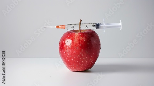 A red apple is pierced by a syringe, symbolizing themes of genetic modification or health interventions, set on a minimalist white background in a modern style. photo