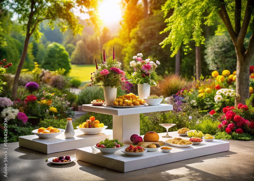 White Platform Surrounded by Vibrant Flowers and Lush Trees in a Serene Garden Setting for Food Photography Inspiration White Platform Surrounded by Vibrant Flowers and Lush Trees in a Serene Garden Setting for Food Photography Inspiration