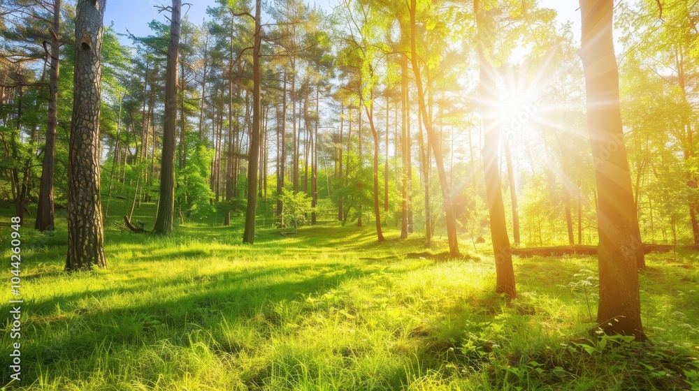 Obraz premium Tranquil Forest Scene with Dappled Sunlight