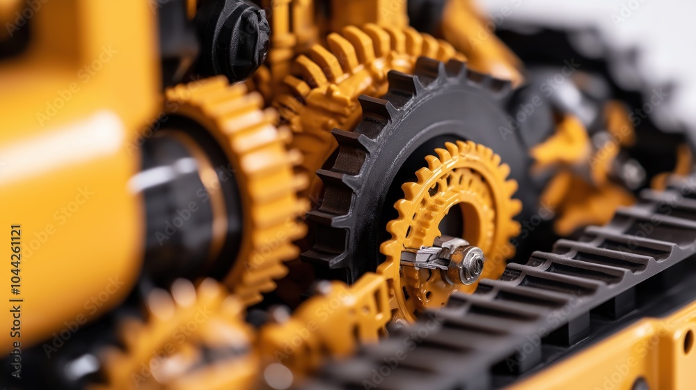 Closeup view of the intricate gears and cogs that make up the complex mechanism of an industrial machinery system  The metallic parts are precisely engineered for power