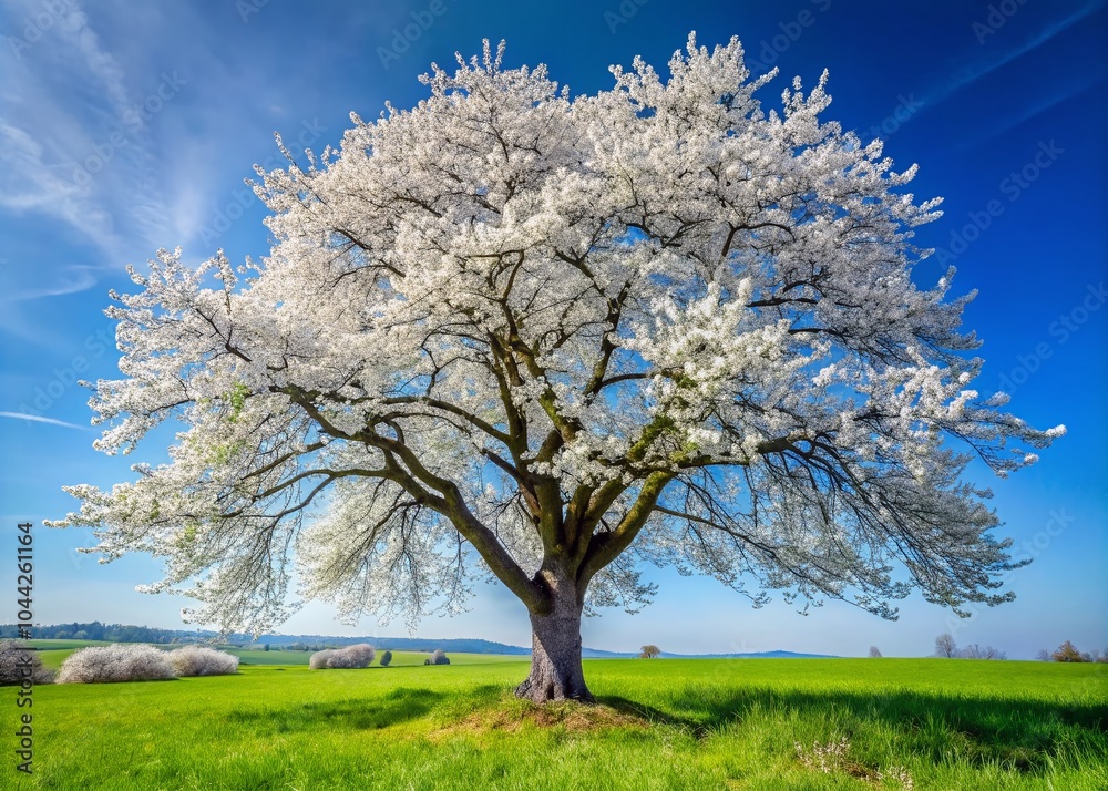 Fototapeta premium Wild Cherry Tree Blossoms: A Serene Spring Landscape Captured in Documentary Style