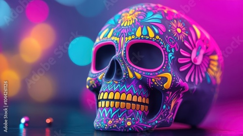 Colorful and Vibrant Sugar Skull Design with Floral Patterns Swirling Neon Lights and Blurred Bokeh Background Represents the of Da de los Muertos the Mexican Holiday of the Dead