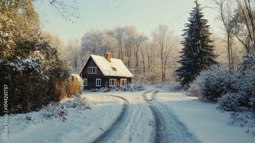 A Snowy Path Leading to a Rustic House Nestled in a Tranquil Winter Forest Landscape. Generative AI