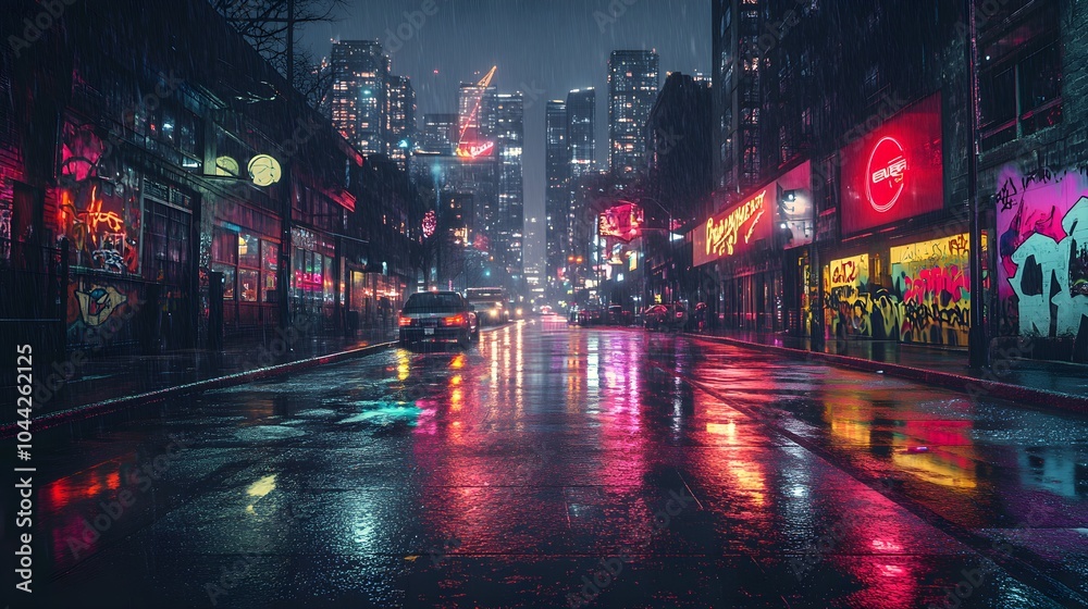 Steel towers of a retro city, mirrored facades reflecting neon lights, with graffiti art covering the streets, capturing the gritty beauty of urban life Steel towers of a retro city, mirrored facades reflecting neon lights, with graffiti art covering the streets, capturing the gritty beauty of urban life