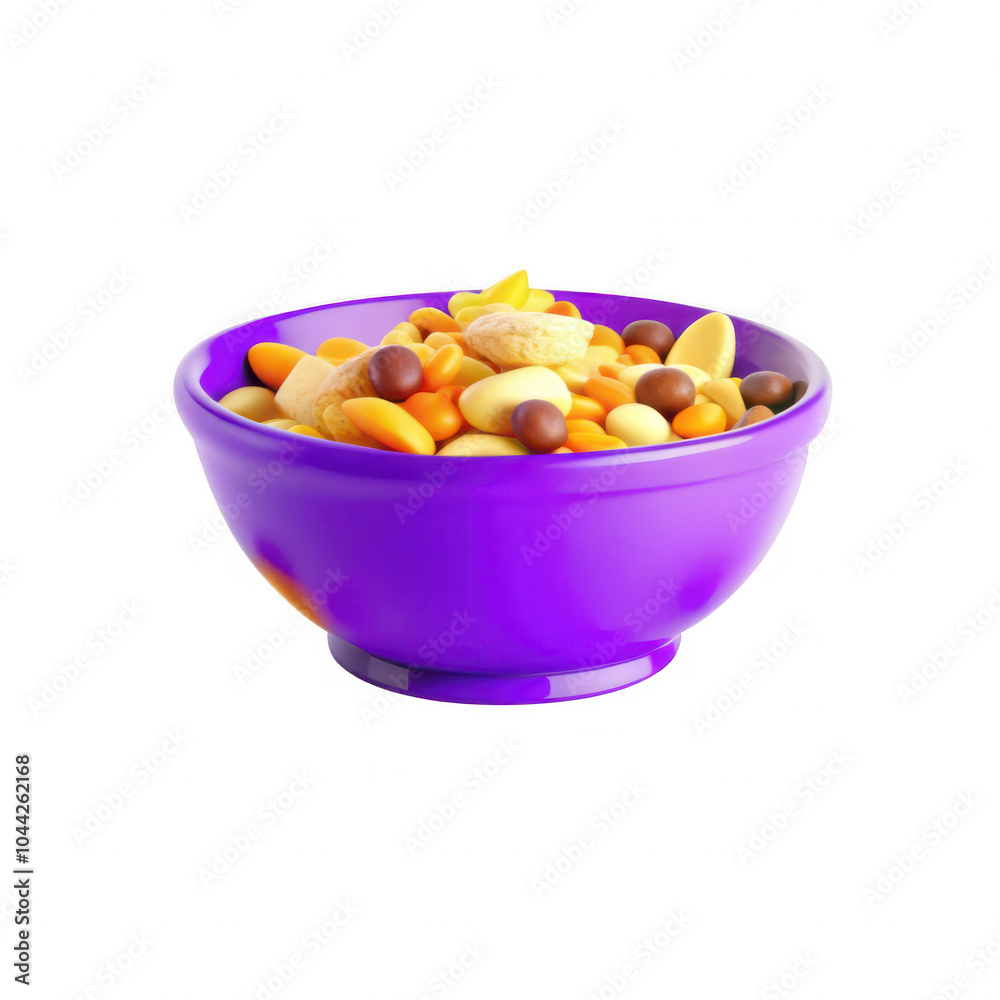 A vibrant purple bowl filled with a colorful assortment of snacks such as nuts, candies, and cereal. Perfect for sharing or enjoying alone. A vibrant purple bowl filled with a colorful assortment of snacks such as nuts, candies, and cereal. Perfect for sharing or enjoying alone.