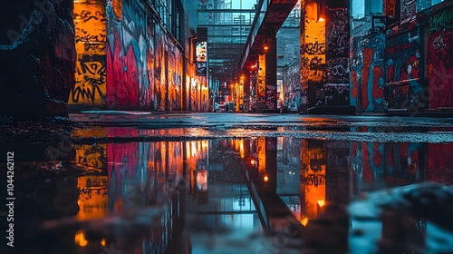 Steel towers of a retro city, mirrored facades reflecting neon lights, with graffiti art covering the streets, capturing the gritty beauty of urban life