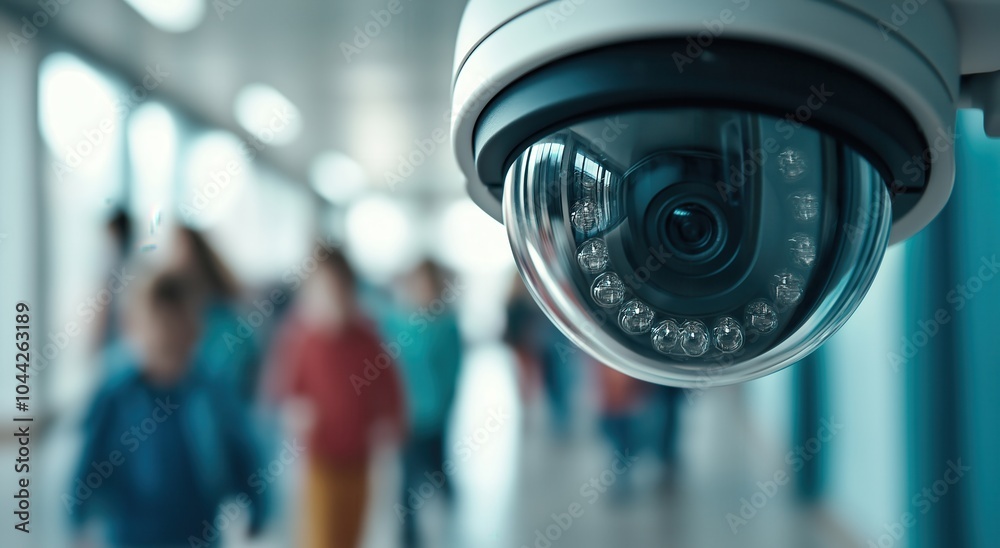 Surveillance mounted on the ceiling monitoring security and activity in a commercial building corridor Surveillance mounted on the ceiling monitoring security and activity in a commercial building corridor