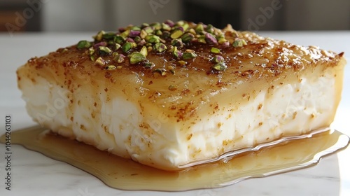 Traditional Lebanese Nights Dessert Recipe - Ashta Pudding with Caramelized Sugar Syrup and Crunchy Pistachio Topping - Authentic Middle Eastern Sweet