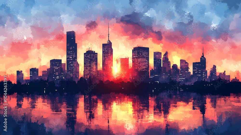 Fototapeta premium Watercolor city skyline at dusk, skyscrapers fading into the sunset, their walls covered with sprawling street art that celebrates urban culture and creativity