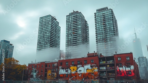 Urban skyscrapers with bold graffiti covering their lower levels, merging into the clouds at the top, a vibrant mix of street art and architectural majesty