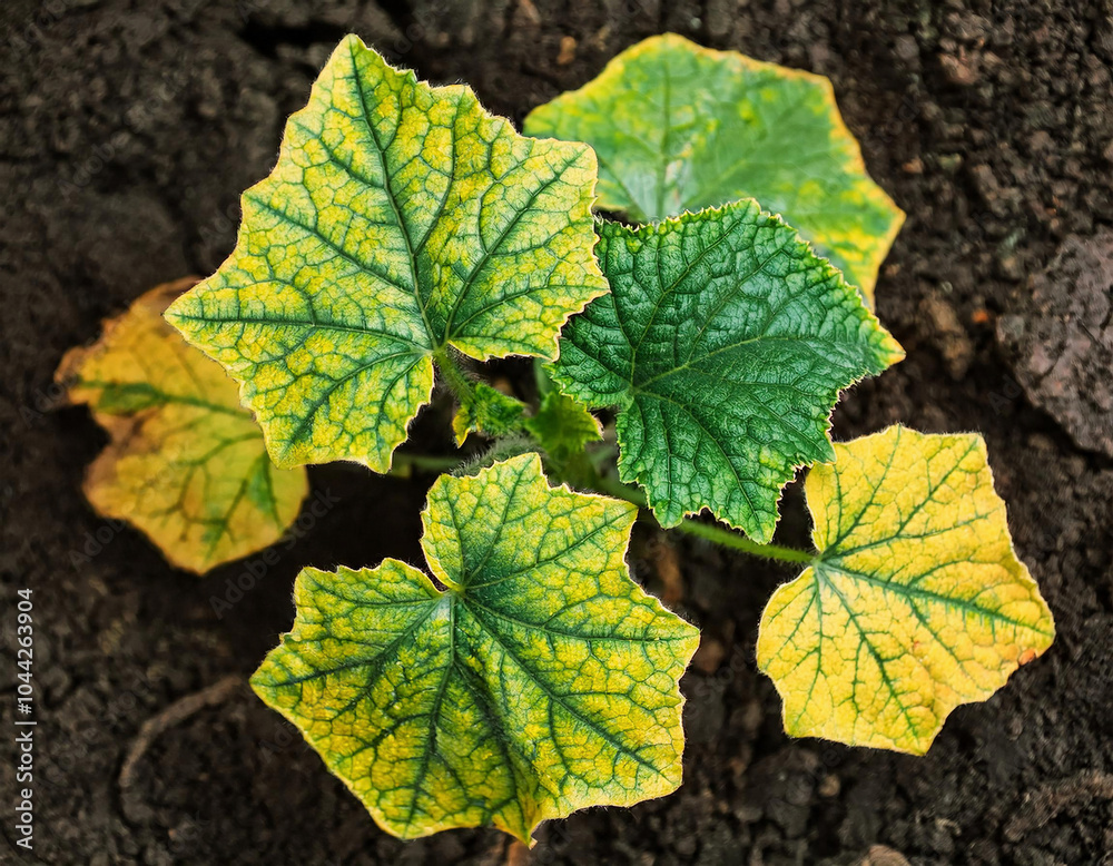 Cucumber plant with yellow leaves growing in the garden, closeup Cucumber plant with yellow leaves growing in the garden, closeup