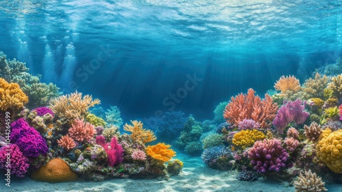 Vibrant underwater scene showcasing colorful coral reefs and marine life.