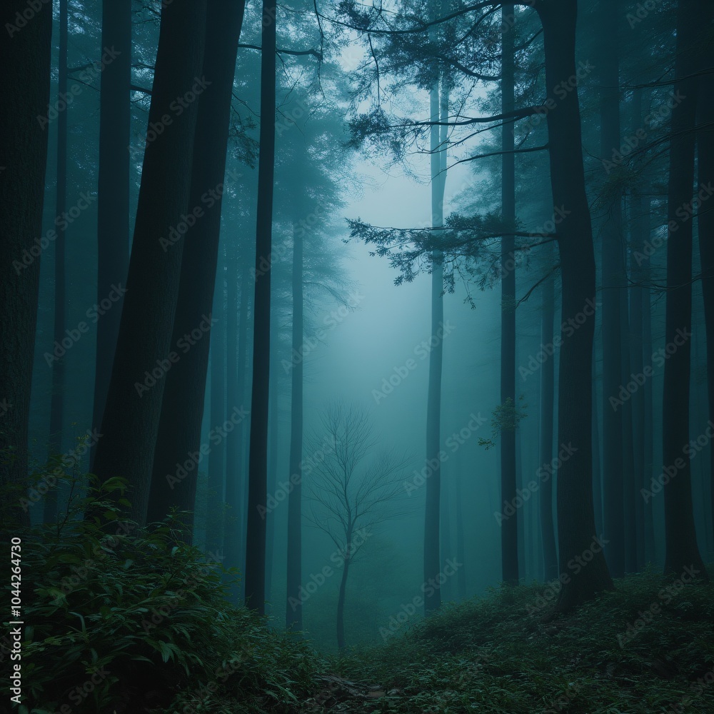 Mystical forest with glowing mist and towering ancient trees Mystical forest with glowing mist and towering ancient trees