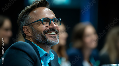 A man wearing glasses is smiling and looking at the camera photo