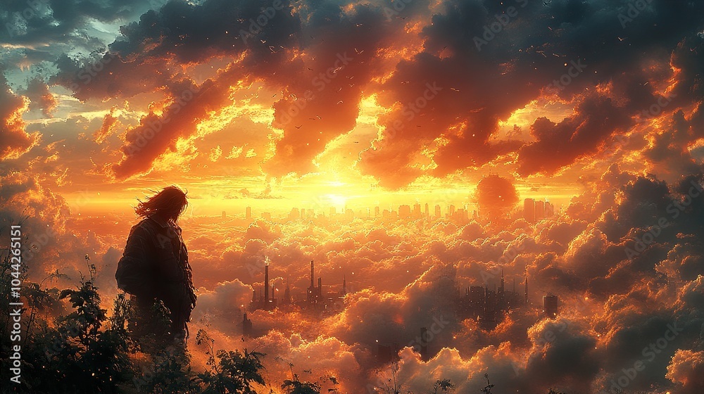 Obraz premium Sunset Cityscape in the Clouds - Dramatic Fantasy Artwork