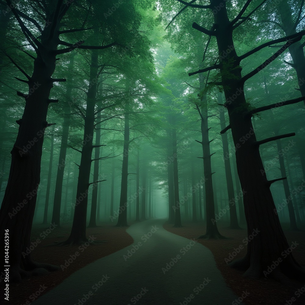 Fototapeta premium Mystical forest with glowing mist and towering ancient trees