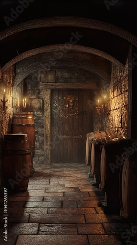 Medieval Stone Cellar with Wooden Barrels and Candlelight