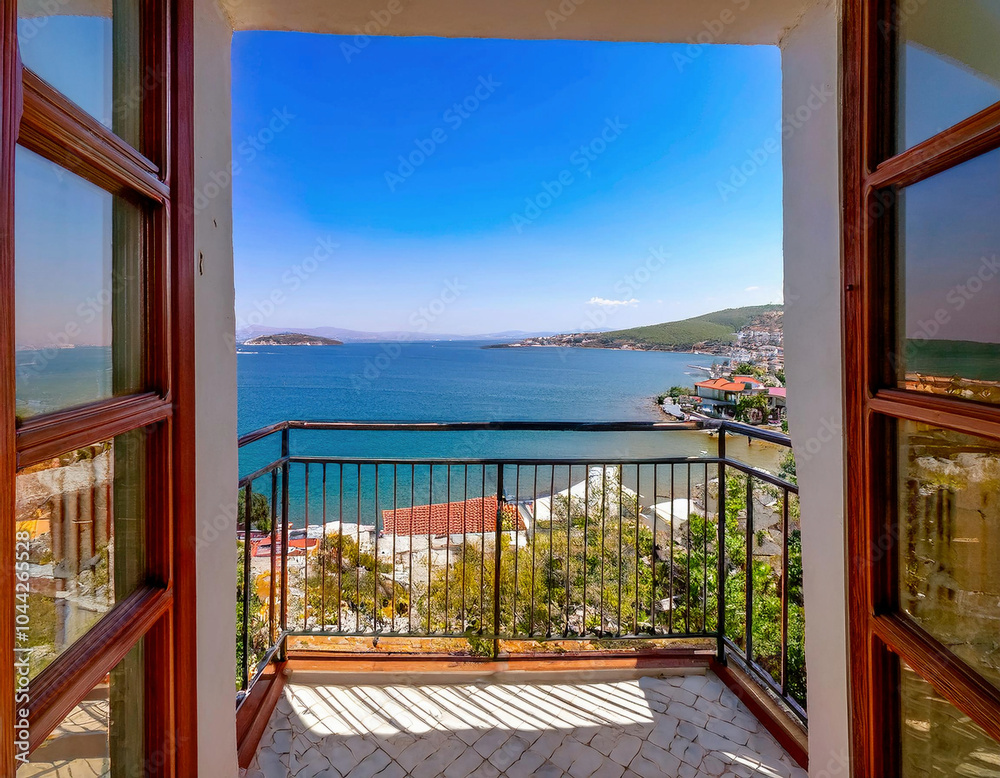 Fototapeta premium Beautiful view of the Aegean sea from the balcony of the house in Marmaris, Türkiye