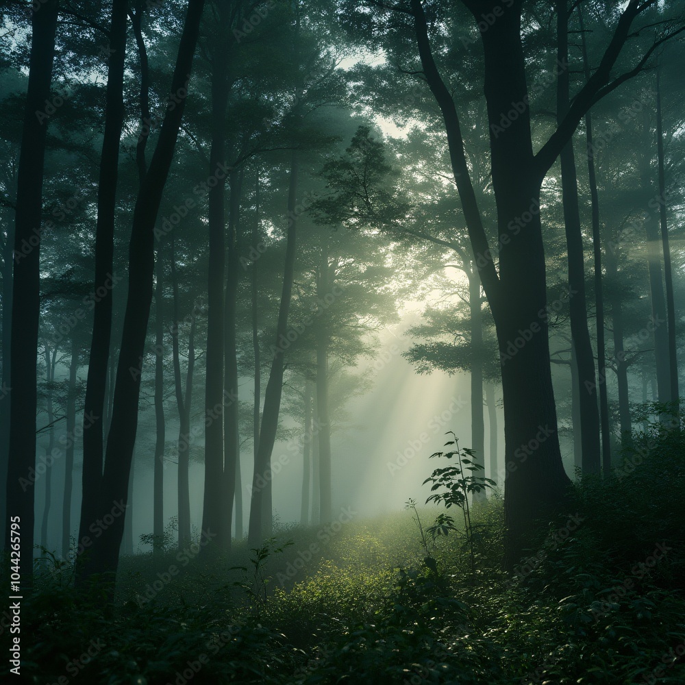 Naklejka premium Mystical forest with glowing mist and towering ancient trees