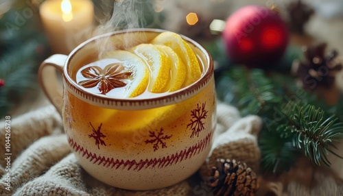 A classic Christmas hot toddy with lemon and honey, steaming in a holiday mug photo