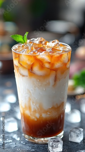 Delicious Iced Coffee with Cream and Mint Garnish in Tall Glass, Refreshing Summer Beverage, Perfect for Coffee Lovers on a Hot Day, Served with Ice Cubes