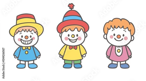 Set of 3 cute clown icons in Korean cartoon sketch style, featuring simple lines and flat illustrations on a white background. Each clown has a symmetrical layout with circular contours, bright tones,