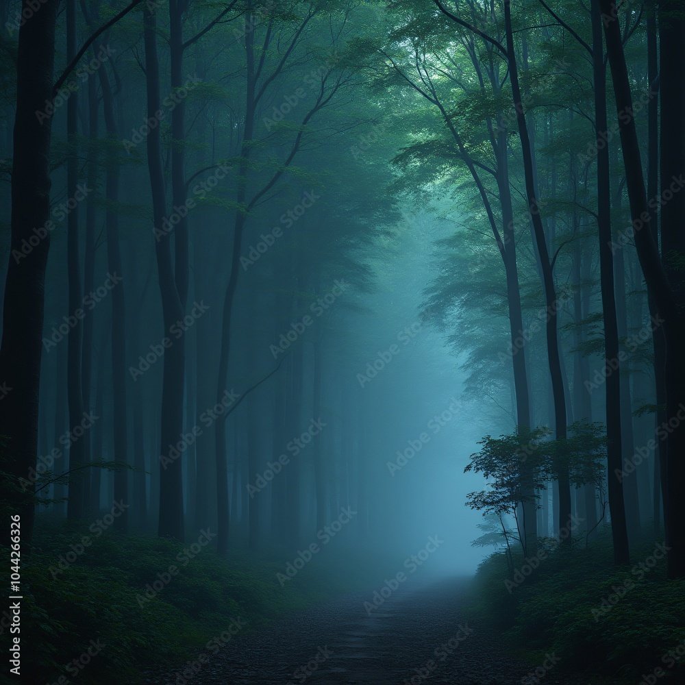 Fototapeta premium Mystical forest with glowing mist and towering ancient trees