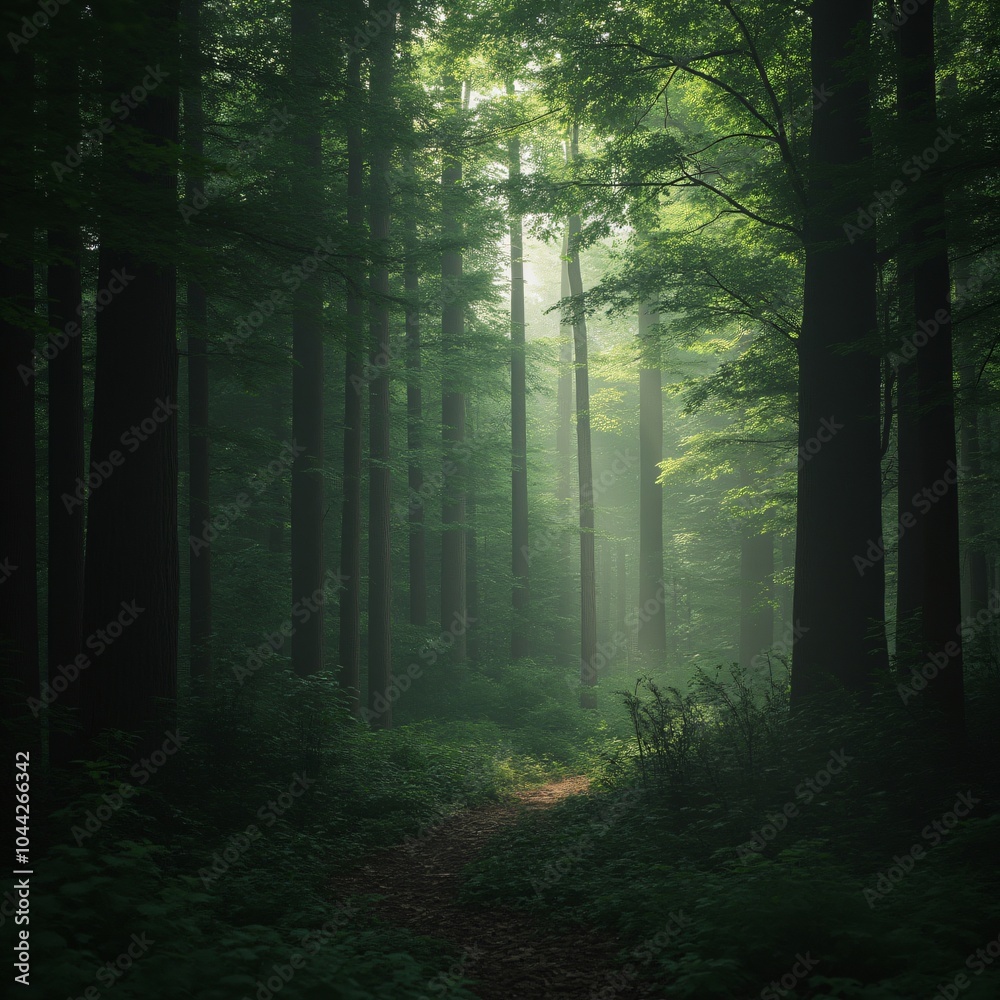 Obraz premium Mystical forest with glowing mist and towering ancient trees