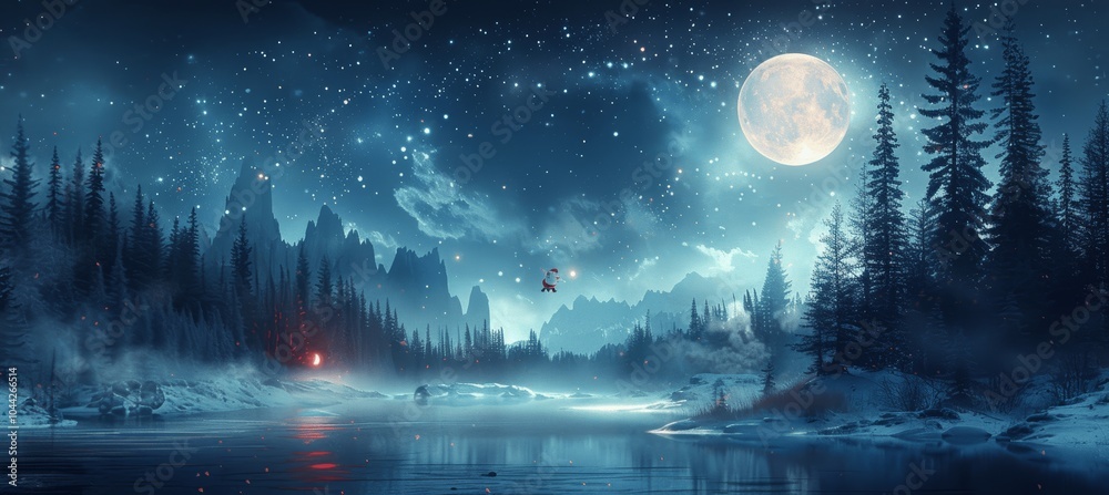Christmas Night at the North Pole with Full Moon and Santa Flying Over Forest River Christmas Night at the North Pole with Full Moon and Santa Flying Over Forest River