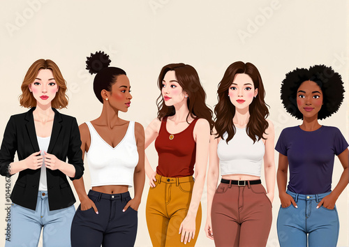 Illustrated diverse women standing together in solidarity photo