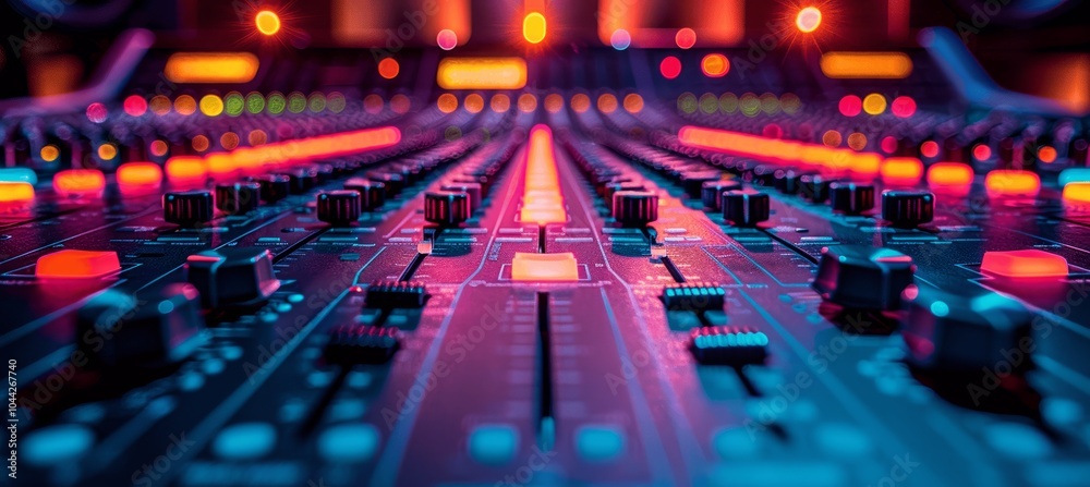 Professional audio mixing console in a recording studio with colorful lights Professional audio mixing console in a recording studio with colorful lights