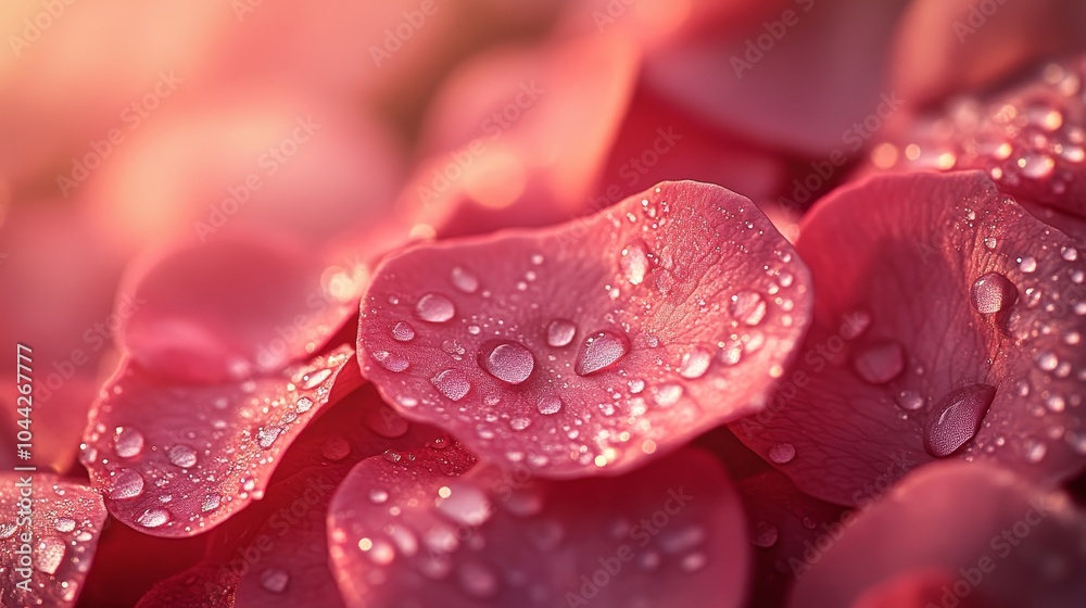 Close-up shot of pink rose petals adorned with morning dew drops, capturing a soft and romantic texture, seen from above Close-up shot of pink rose petals adorned with morning dew drops, capturing a soft and romantic texture, seen from above
