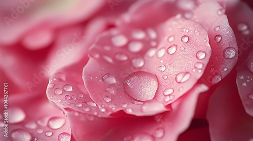 Close-up shot of pink rose petals adorned with morning dew drops, capturing a soft and romantic texture, seen from above photo