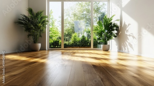 Bright room with wooden floor and plants near large windows showcasing green outside.