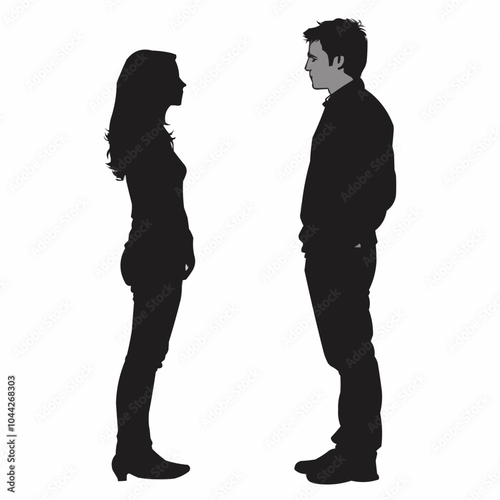 Silhouette of a man and woman facing each other, symbolizing communication or connection. Silhouette of a man and woman facing each other, symbolizing communication or connection.