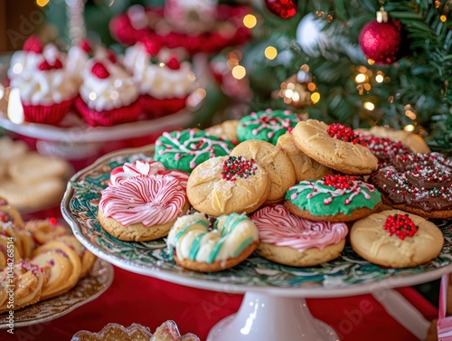 A Christmas cookie exchange party with a table full colorful cookies and festive decorations photo