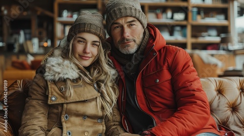 Winter warmth at home: Young couple in outerwear and hats sitting on sofa, heating their hands. Concept of dealing with winter problems.