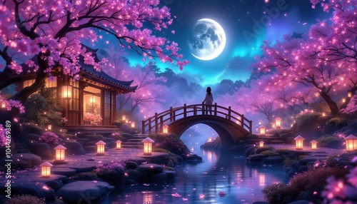 Sous la lumière de la pleine lune, un pont japonais se dessine au bord de l’eau, entouré de cerisiers en fleurs dont les reflets dansent doucement à la surface du lac calme et argenté.