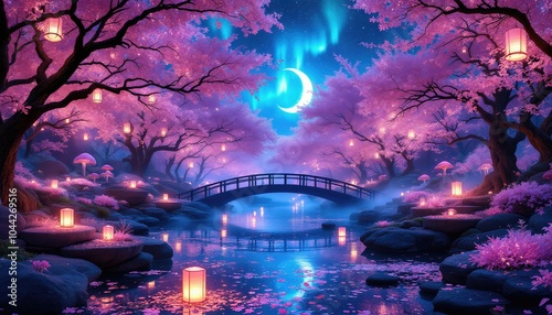 Un pont japonais élégant surplombe les eaux tranquilles. Les cerisiers en fleurs encadrent la scène, tandis que la lune illumine le ciel nocturne, créant des reflets poétiques à la surface.