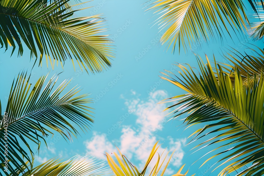 A group of palm trees with a blue sky in the background A group of palm trees with a blue sky in the background