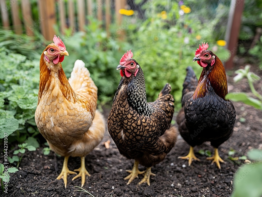 Three Chickens in a Garden: A Close-Up View Three Chickens in a Garden: A Close-Up View
