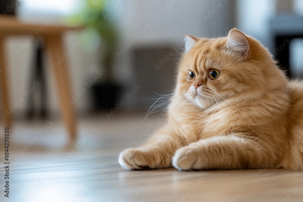A fluffy, orange Persian cat with large, round eyes lies on a wooden floor, looking to the side. A fluffy, orange Persian cat with large, round eyes lies on a wooden floor, looking to the side.